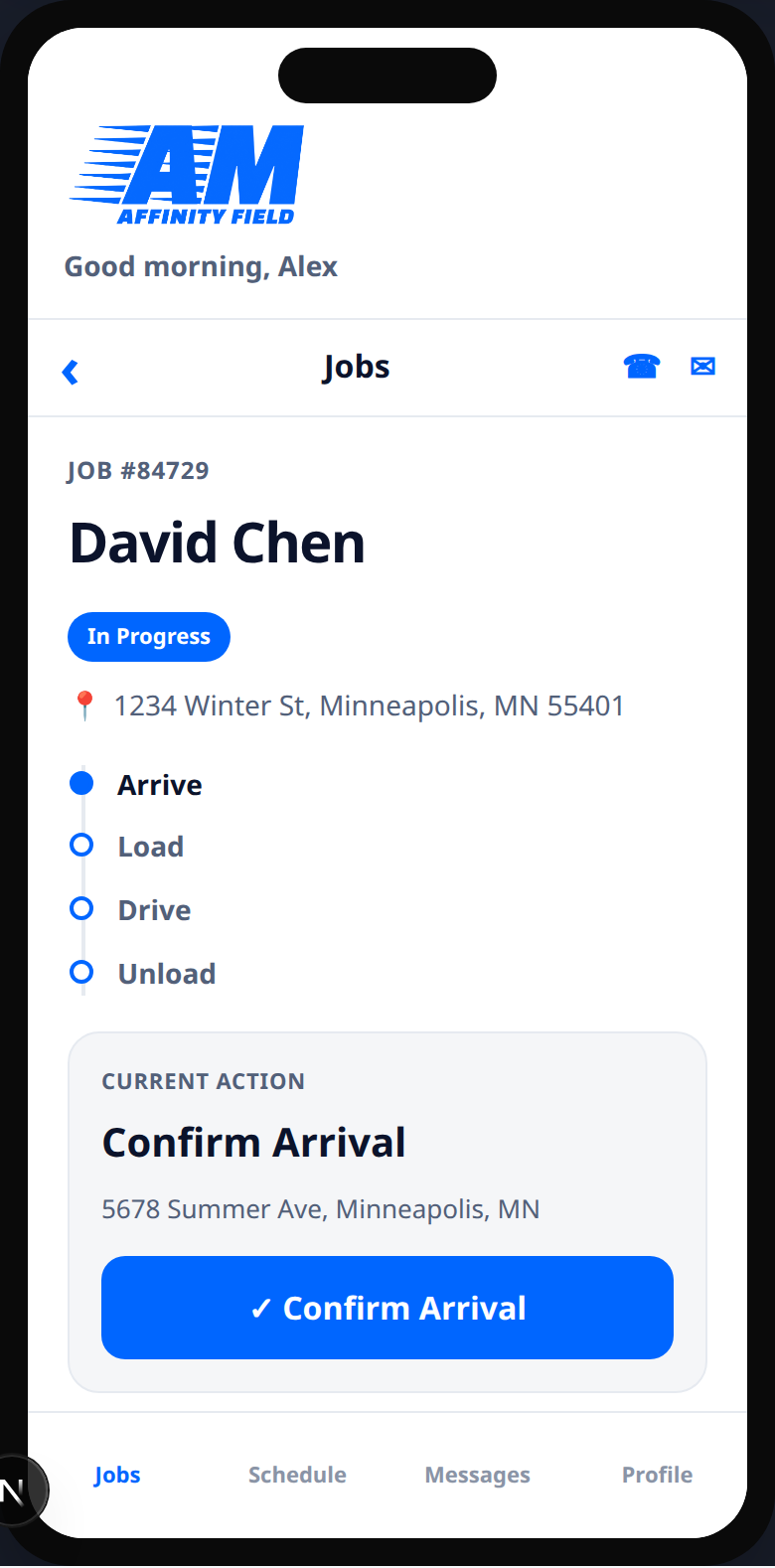 Affinity Field crew app Confirm Arrival marketing visual