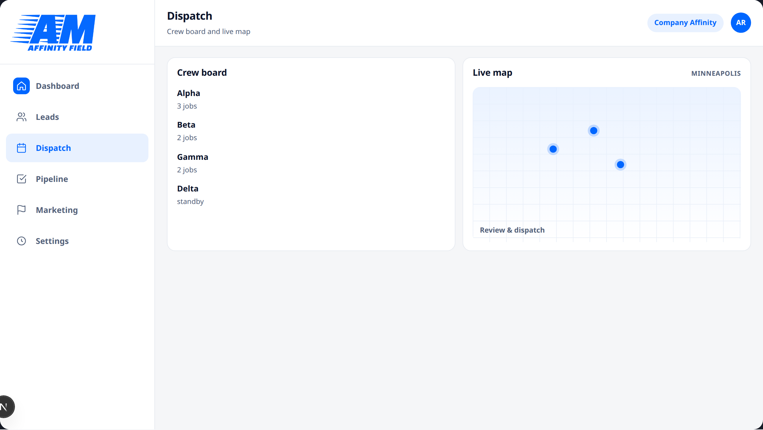 Affinity Field dispatch board product visual